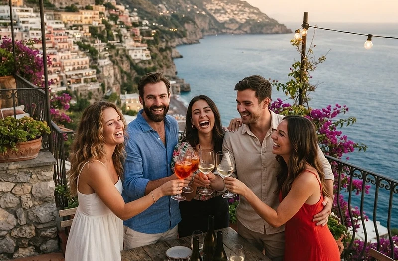 A group of friends celebrating together on a rooftop overlooking the coast at golden hour
