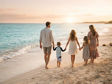 Family walking toward a pristine beach at golden hour