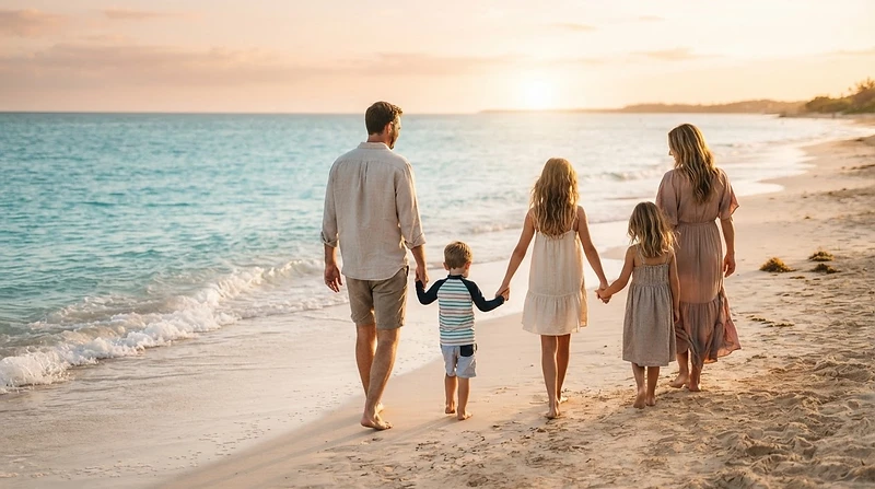 A family walking toward a pristine beach at golden hour