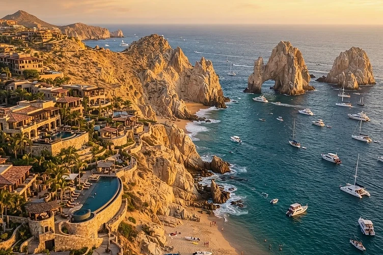 Cabo San Lucas, Mexico with El Arco rock arch and a luxury resort at golden hour