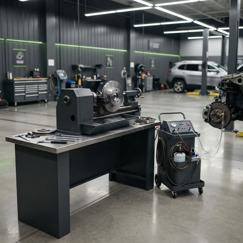 Brake lathe and fluid exchange equipment on a shop workbench.