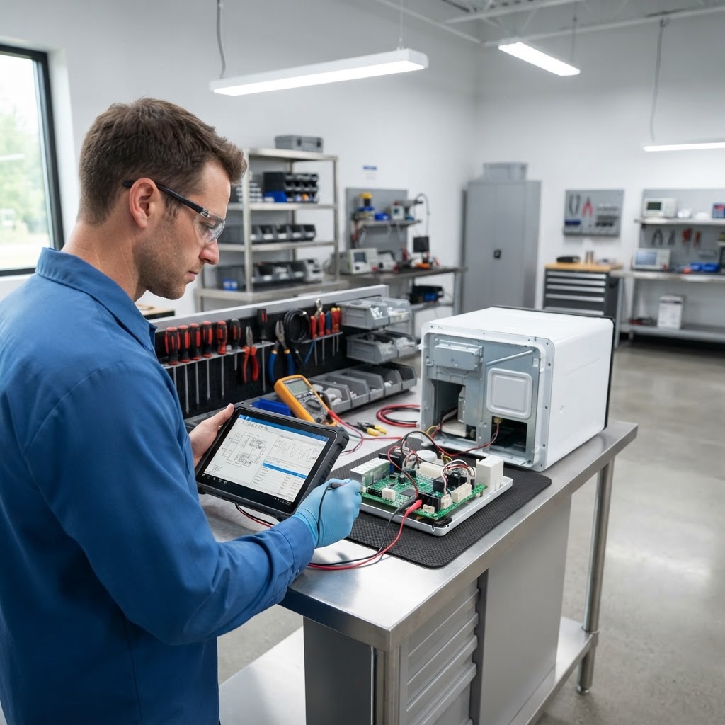 Technician diagnosing an RV refrigerator control board with a professional diagnostic tablet at a bright, organized workbench.
