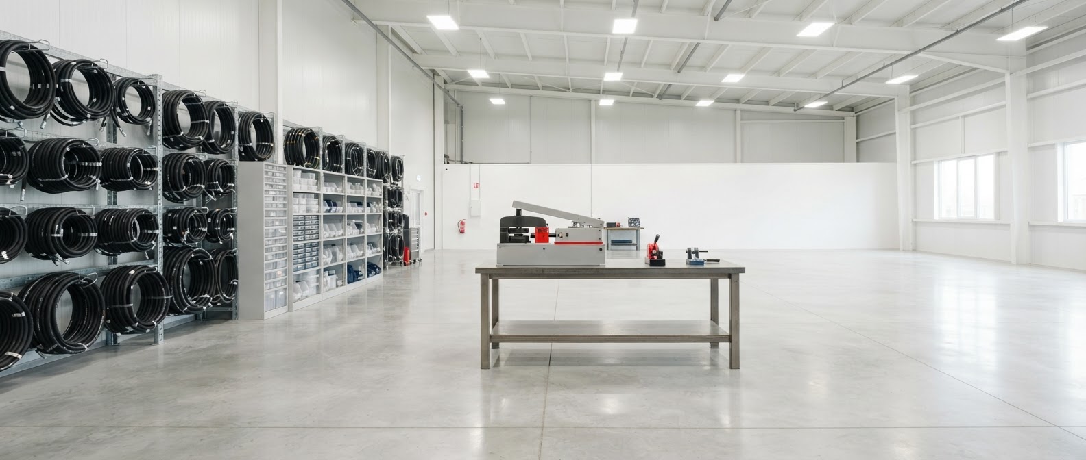 Bright modern hydraulic service shop with a static hose crimping machine at rest on a workbench, organized hose racks and tidy shelving.