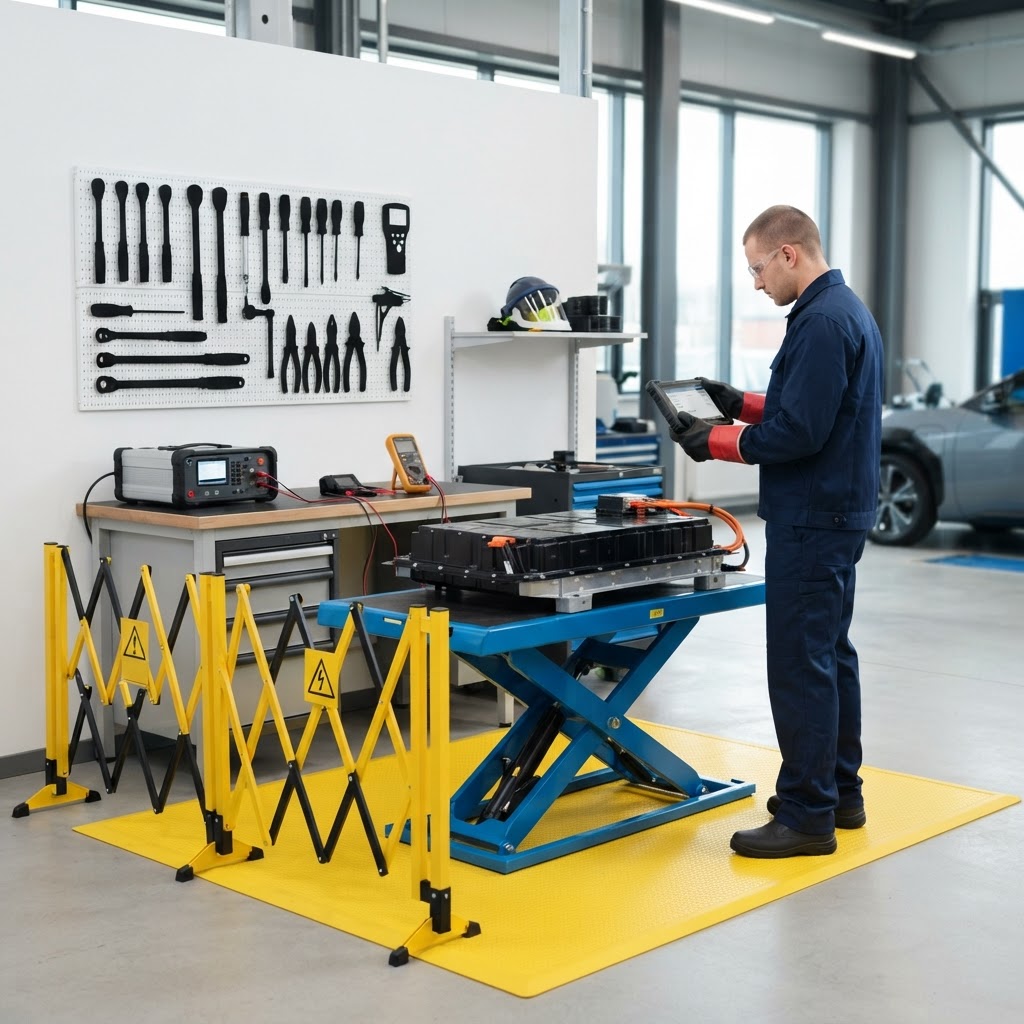 Organized, bright professional workstation where a technician in safety gear inspects an electric-vehicle component with electronic testing equipment.