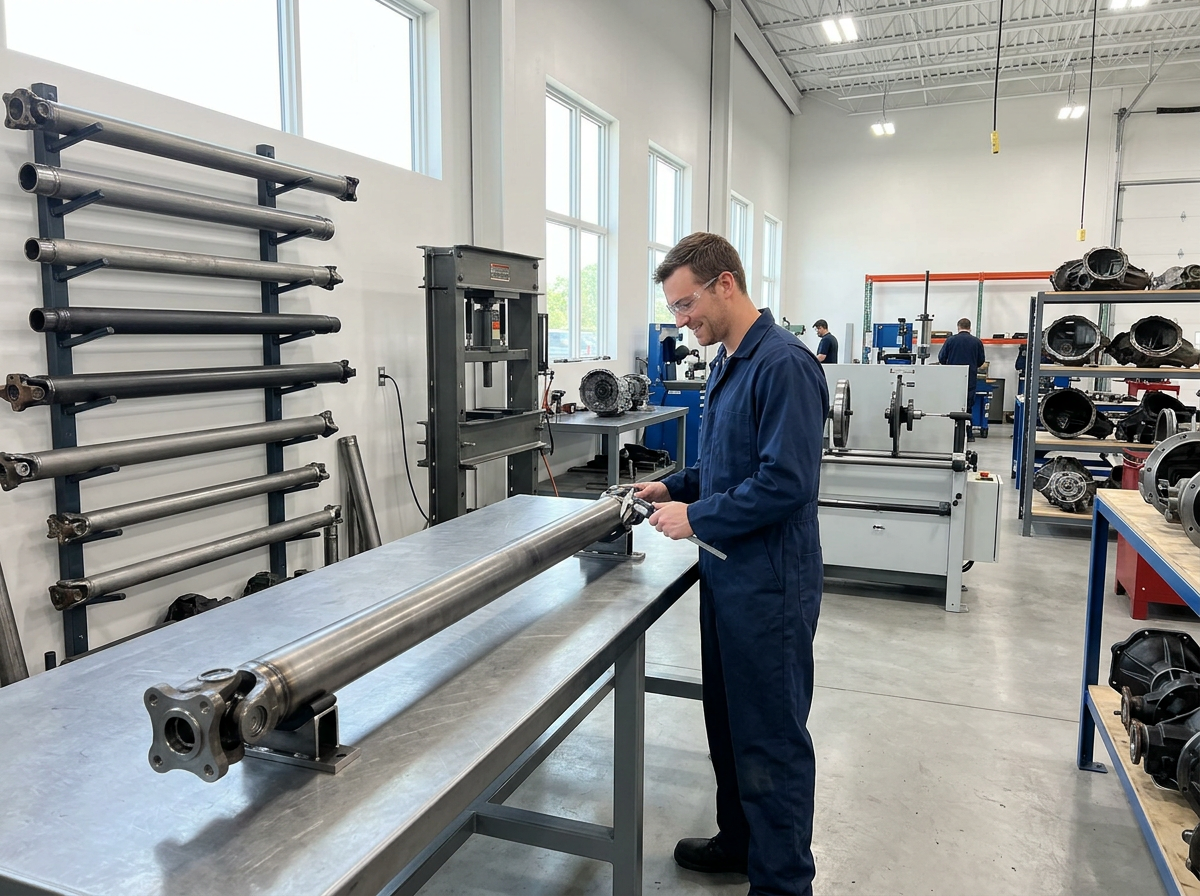 Steel driveshaft resting flat on a heavy workbench in a bright organized driveline rebuilding shop with driveshaft tubes on wall racks behind.