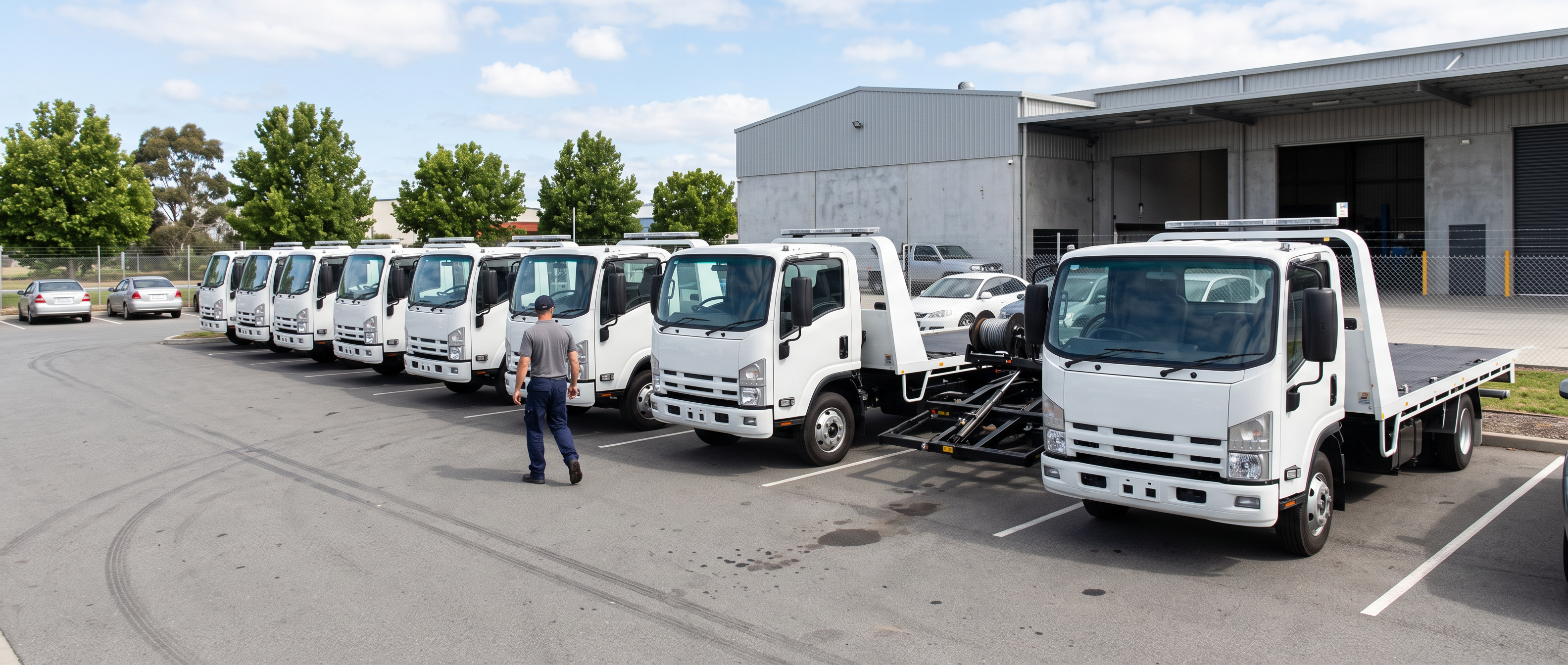Row of clean light-duty tow trucks seen from the front in a bright towing company yard under a blue sky.