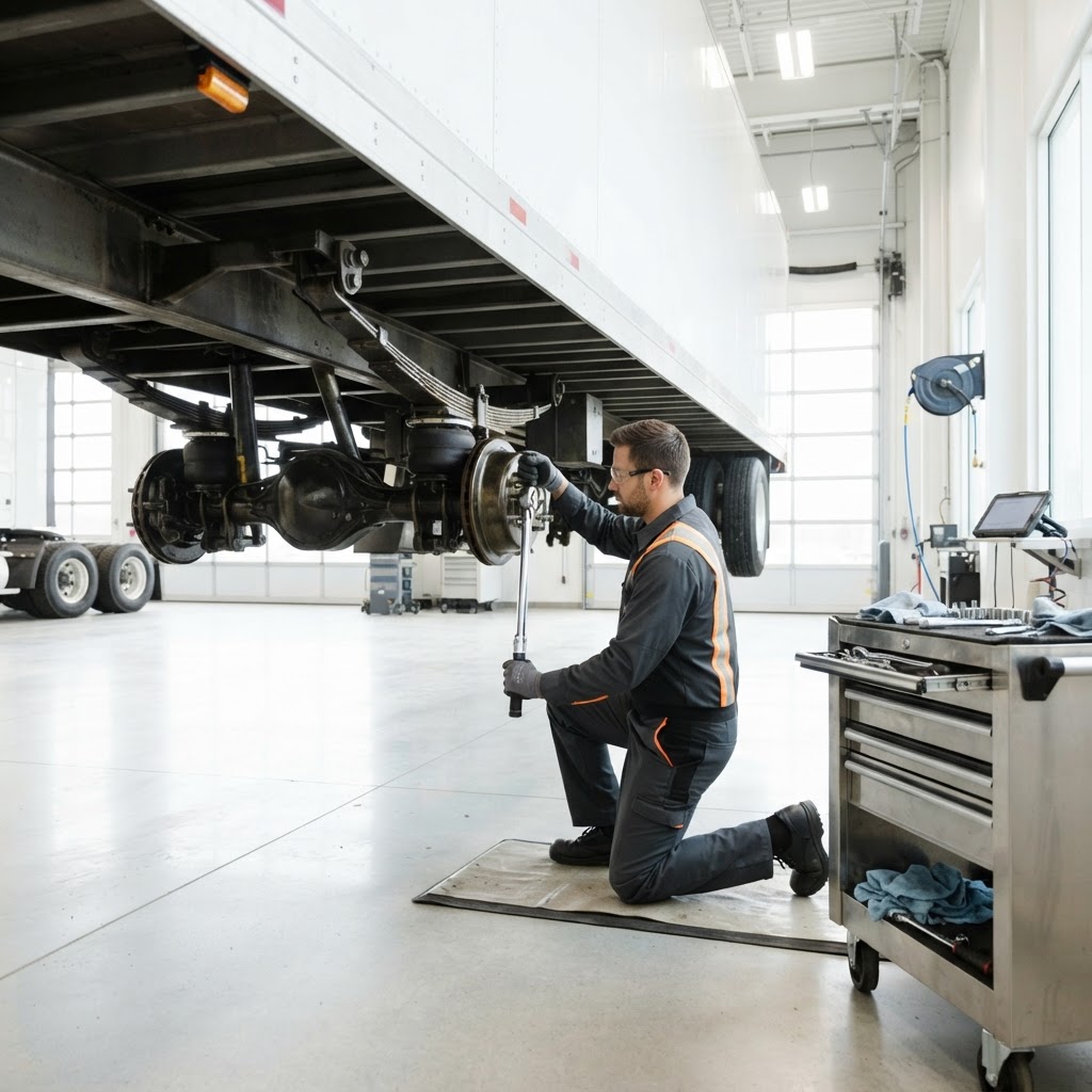 Mechanic servicing the air suspension system of a semi-trailer raised in a professional repair shop.