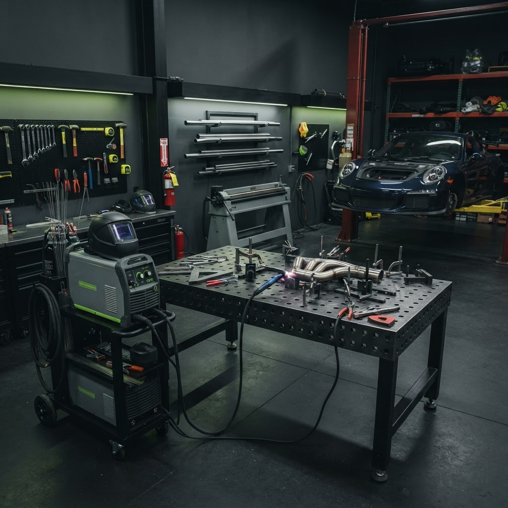 Premium automotive fabrication bay with a professional TIG welding station, steel fabrication table with clamps, tube bending machine and organized steel tubing, a car on a two-post lift in the background.