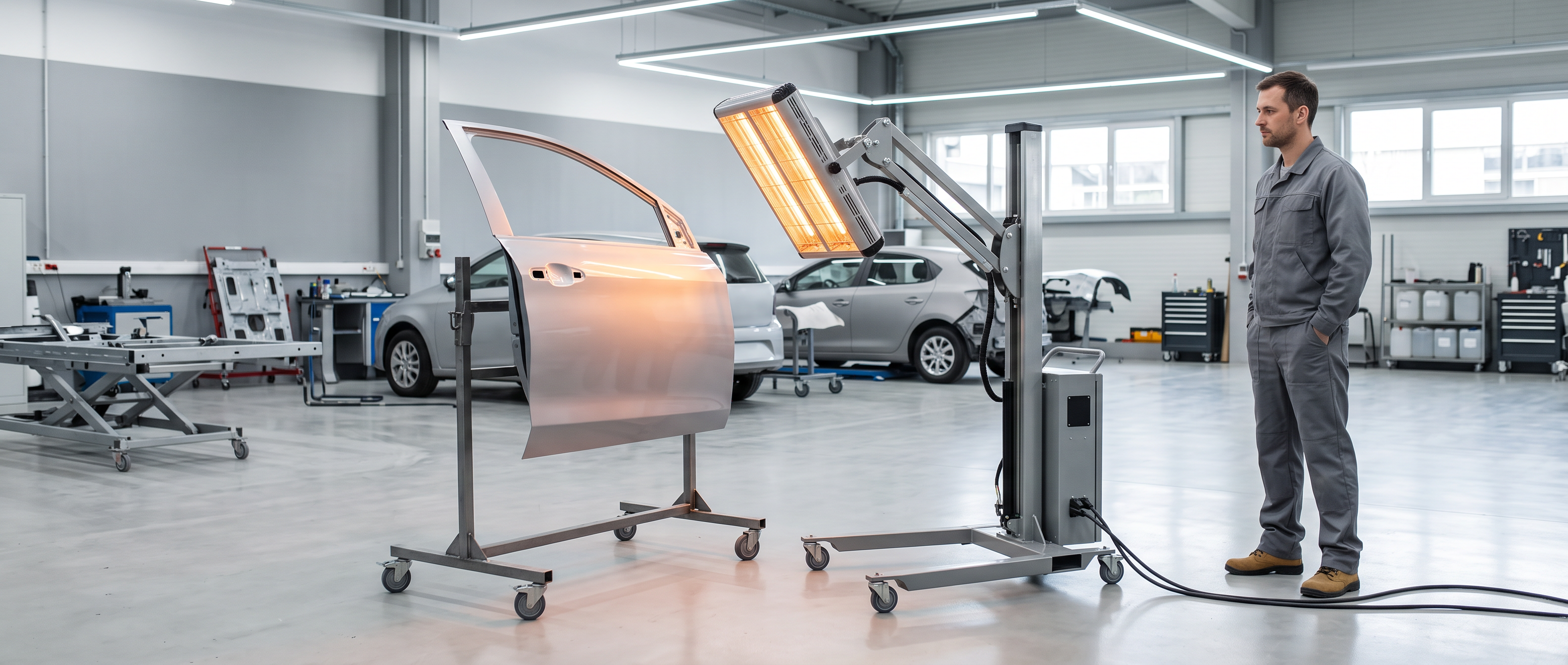 Professional infrared paint curing lamp on a rolling stand beside a freshly painted vehicle panel in a bright refinish area.
