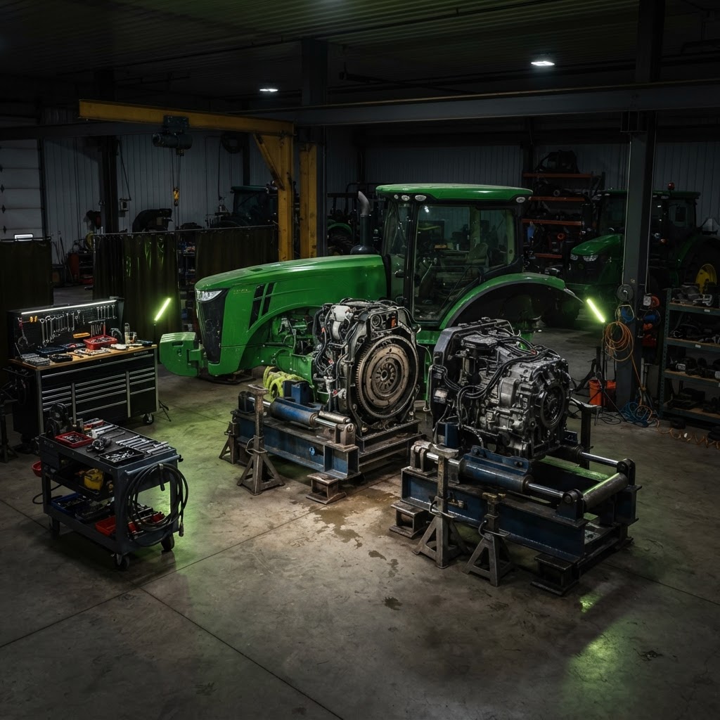 Tractor mounted on a heavy steel splitting stand system inside an agricultural repair workshop.