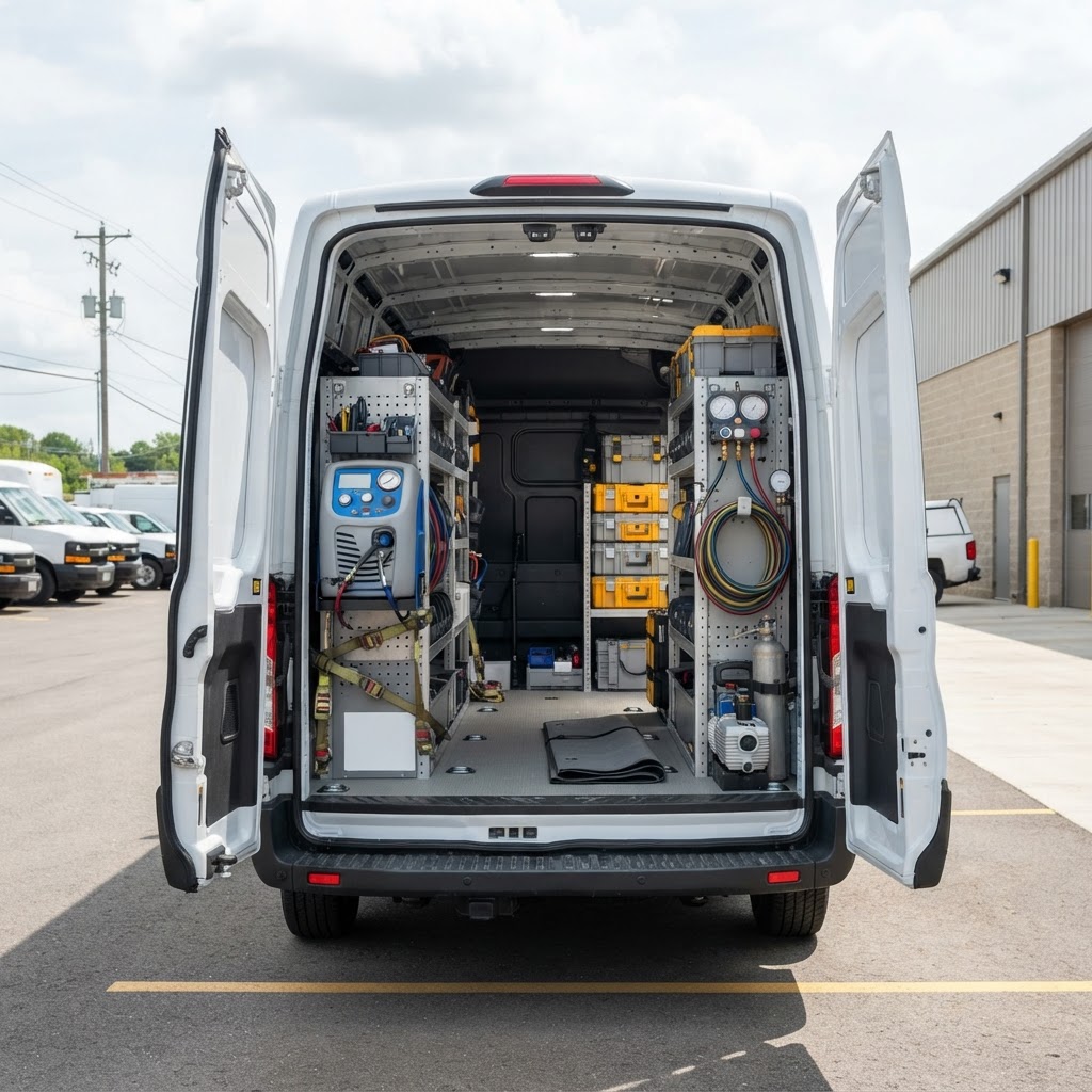 Modern commercial service van with rear doors open revealing organized professional climate-service equipment inside, parked at a bright fleet yard.
