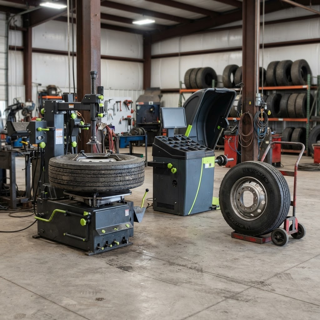 Commercial truck tire equipment in a service bay Commercial truck tire service bay with a heavy-duty tire changer and commercial wheel balancer.
