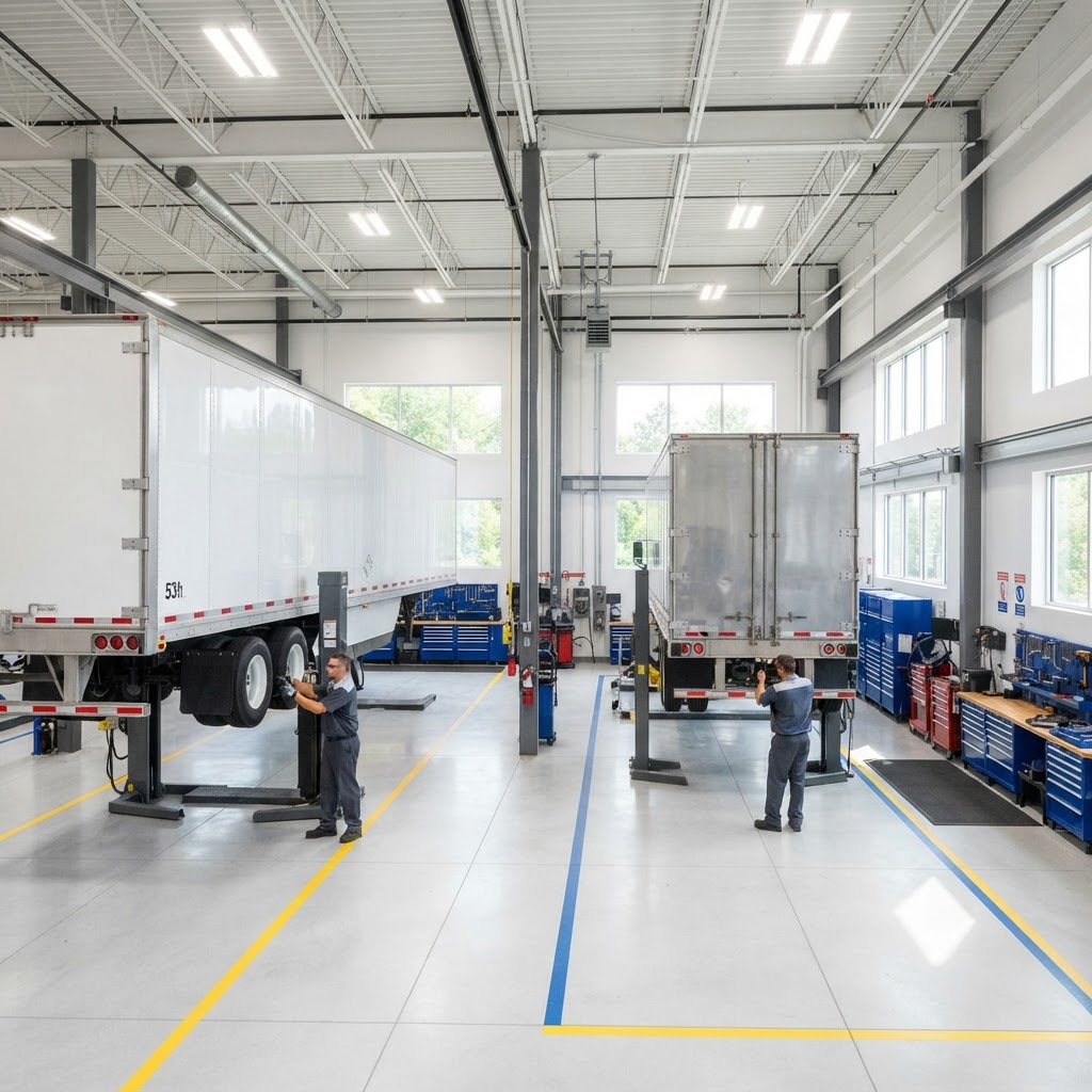 Complete commercial trailer repair facility with semi-trailers in service bays on jack stands.