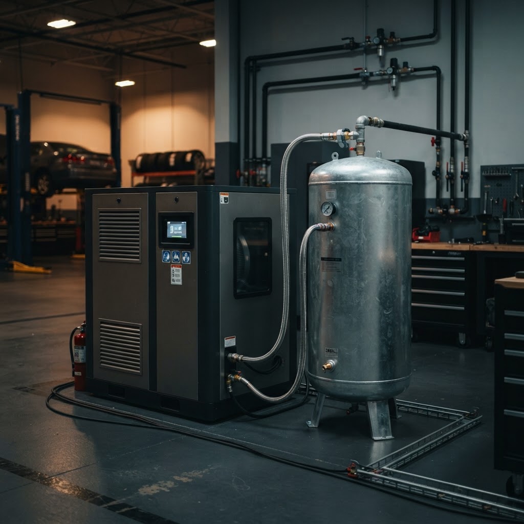 Professional rotary screw air compressor unit with an air receiver tank in a clean equipment area of a modern automotive service facility.