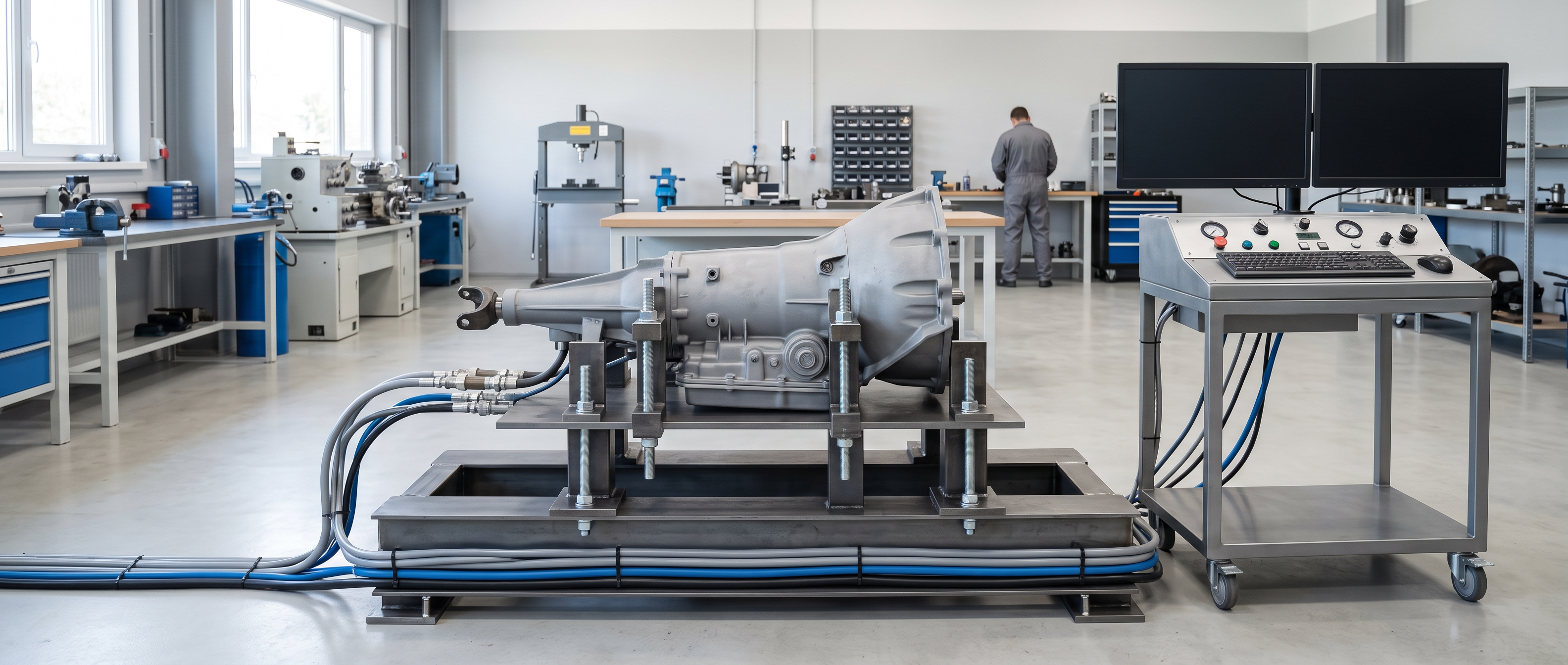 Transmission test stand at rest in a bright test area, an automatic transmission bolted to a heavy mounting plate with steel clamping brackets and a blank control monitor on a rolling cart.