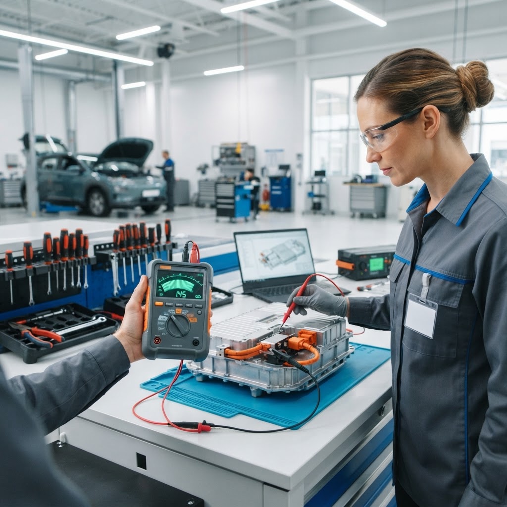 Technician using a professional insulation resistance tester to test an electric-vehicle component at a bright, organized workbench.