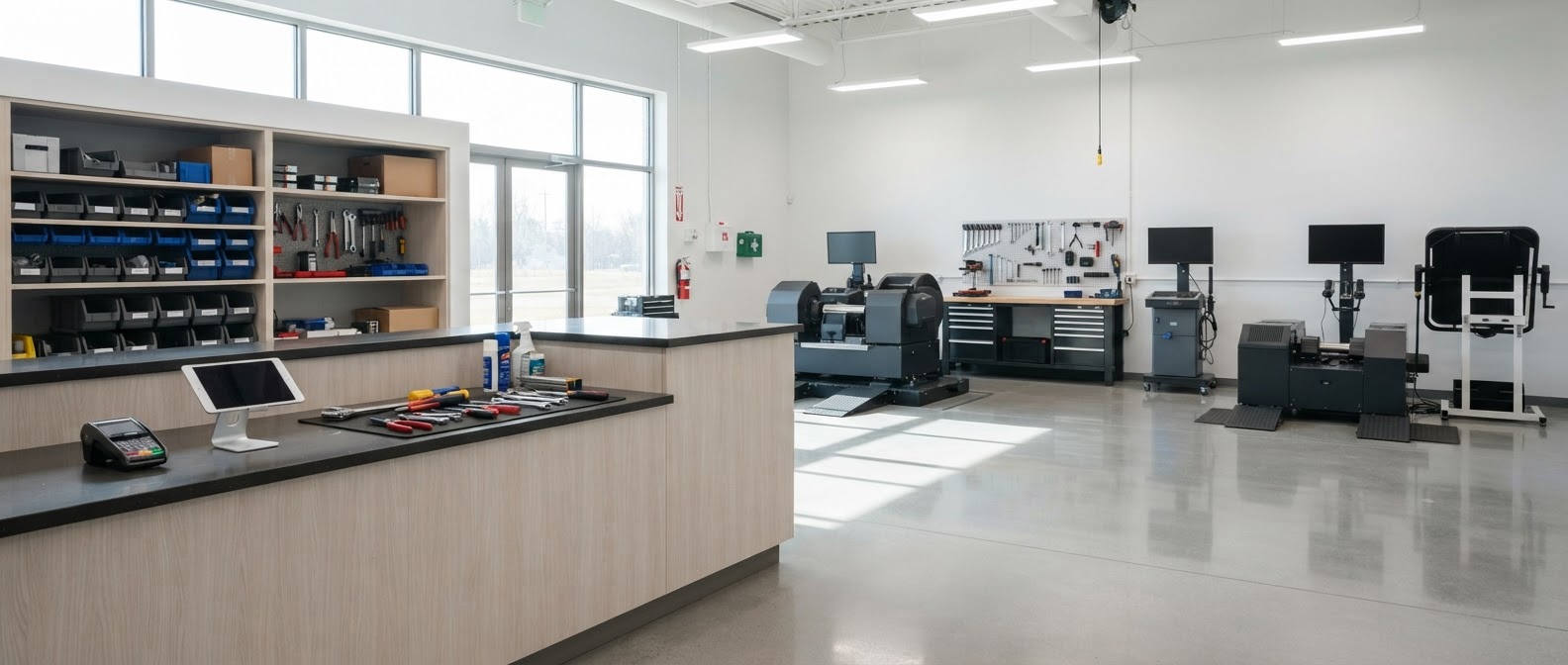Bright modern diesel component service business workshop with a service counter, organized tooling and static test equipment at rest in the background.