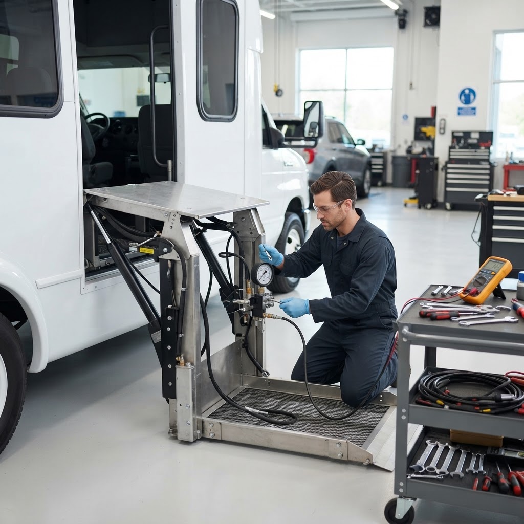 Technician servicing a commercial wheelchair lift system on a shuttle bus with professional hydraulic and electrical test equipment.