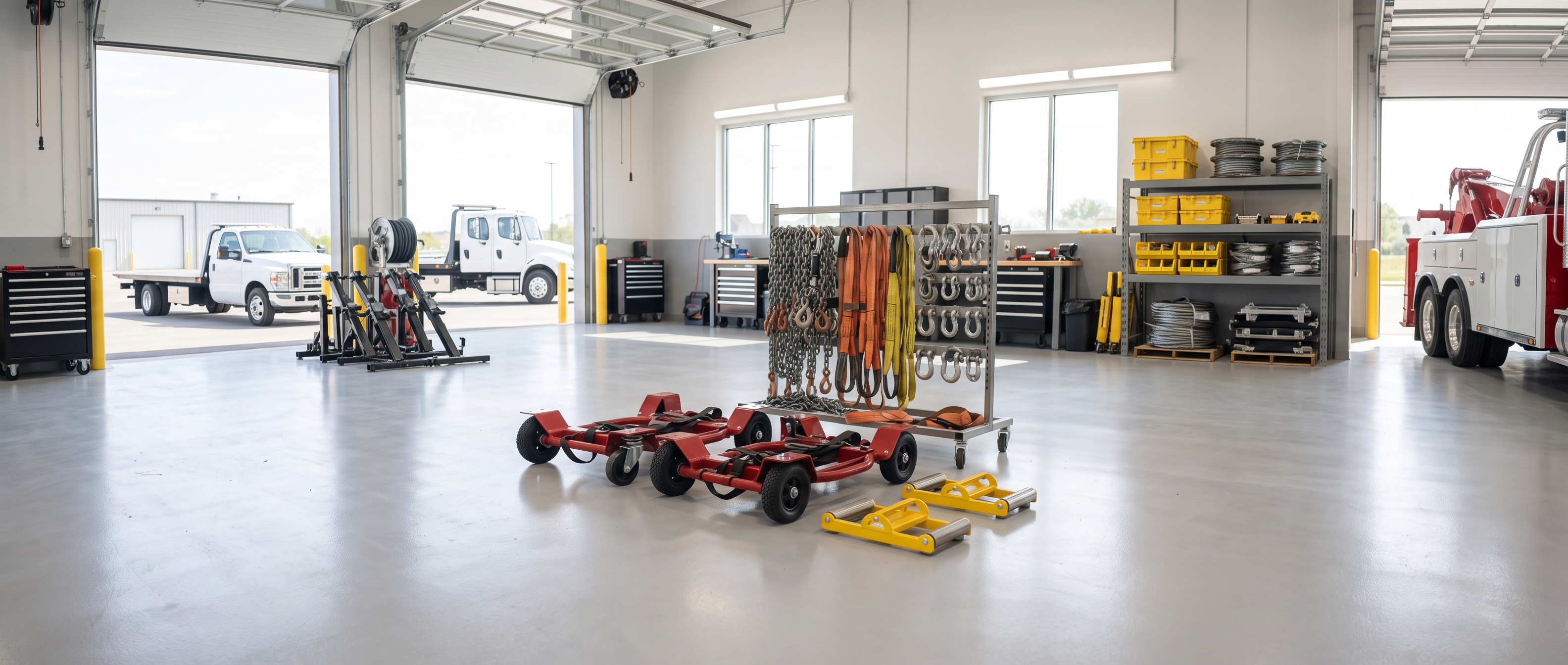 Bright professional towing maintenance bay with two tow trucks being serviced, tool storage and workbenches along the wall.