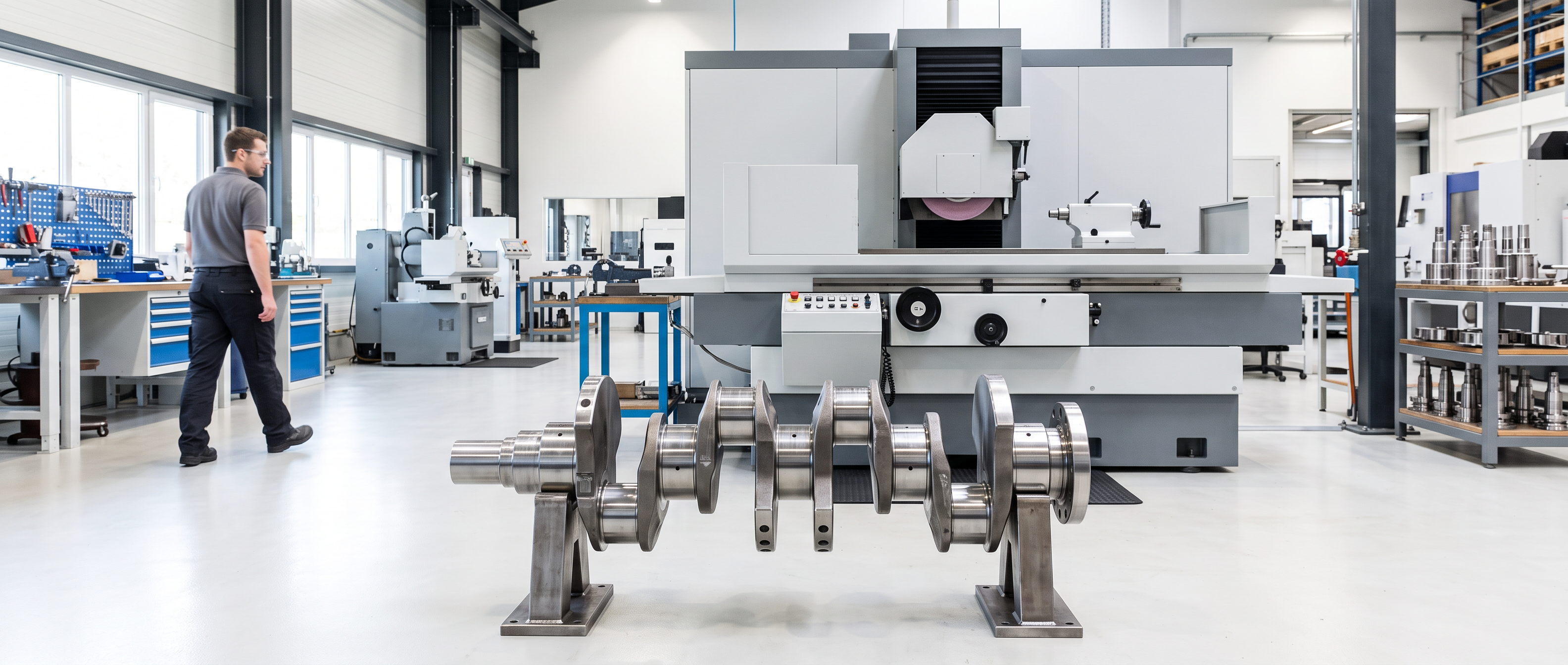 Polished engine crankshaft resting on two sturdy stands in a bright machining area with a large grinding machine at rest behind.