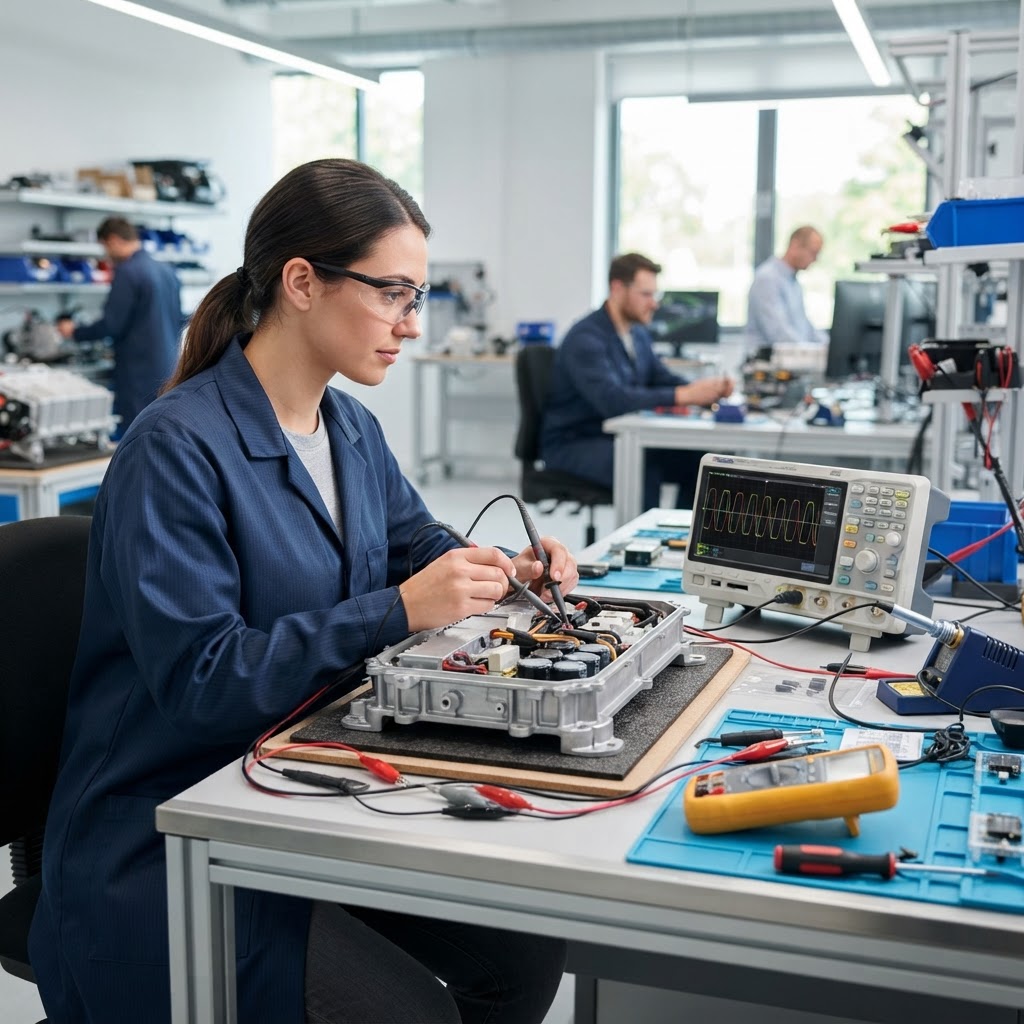 Technician testing an electric-vehicle inverter power-electronics module on a clean workbench with an oscilloscope in a bright workshop.