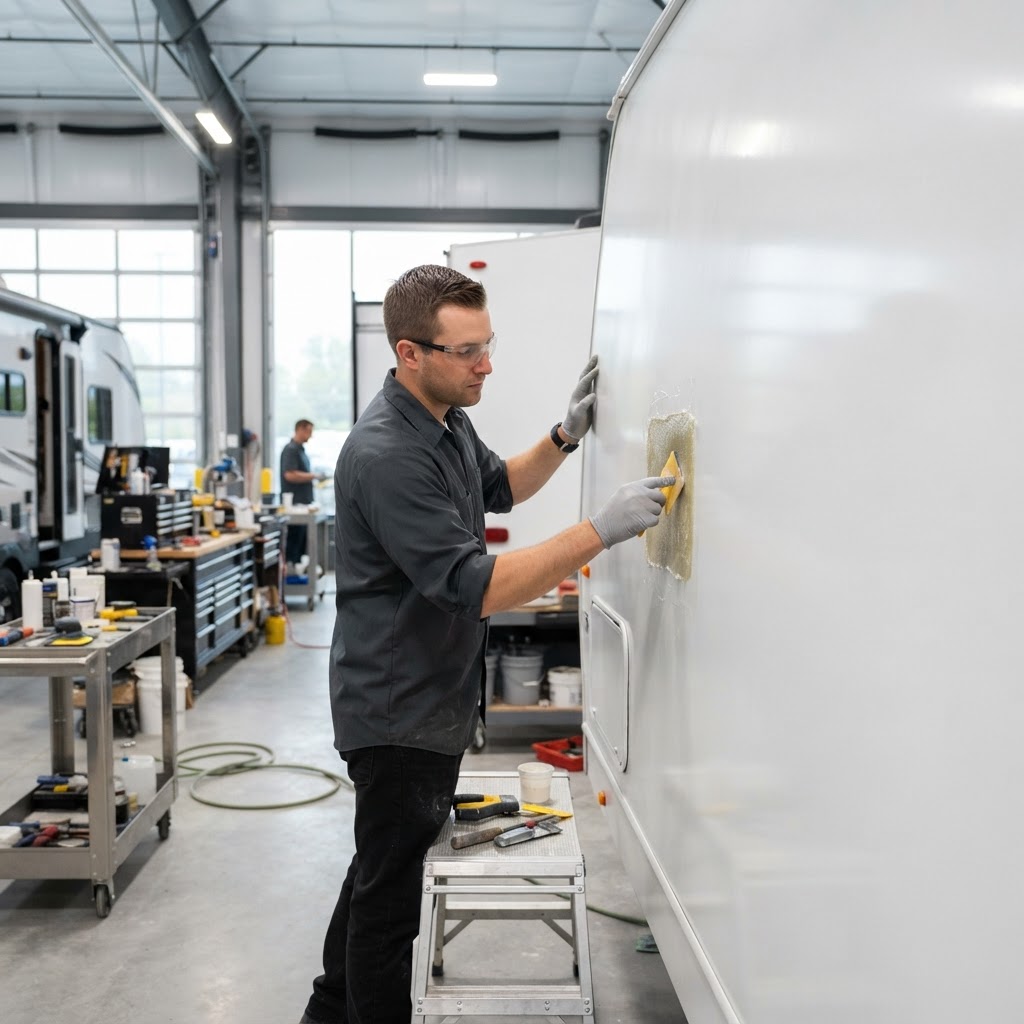 Technician applying fiberglass repair materials to a trailer sidewall in a bright modern RV body shop.