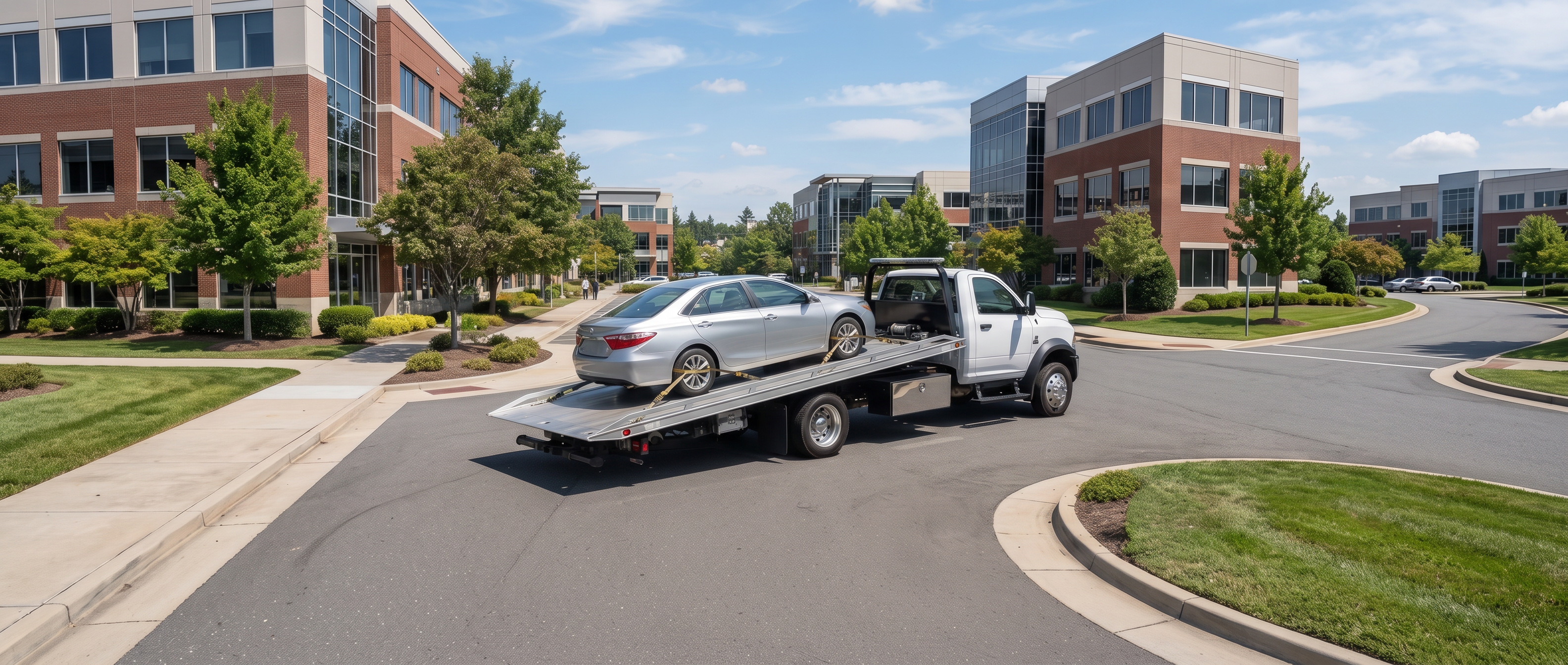 Flatbed rollback tow truck with a plain sedan secured on its steel deck in a bright commercial area, winch mounted on the headboard.