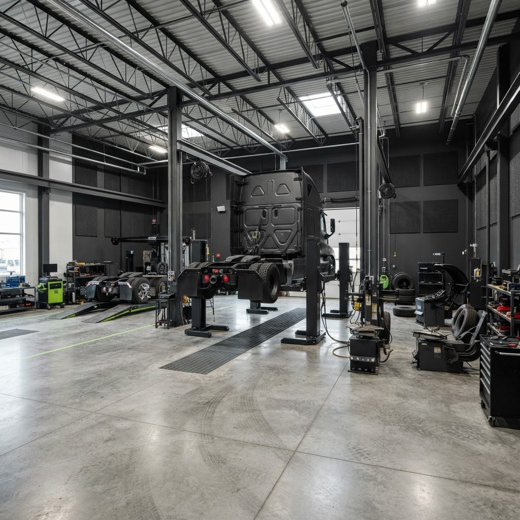 Complete heavy-duty repair facility with multiple service bays Complete heavy-duty repair facility with a truck on mobile column lifts, tire equipment and alignment areas.