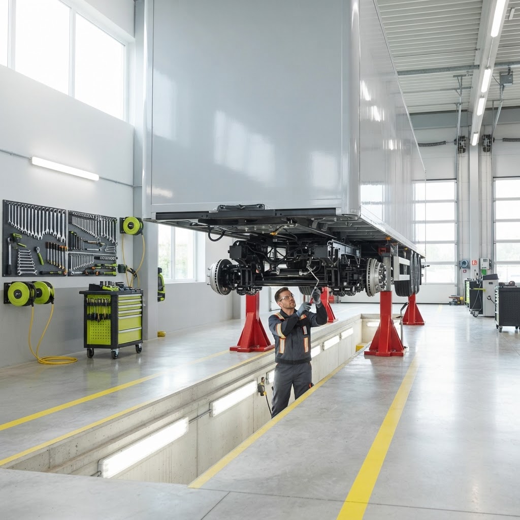 High-throughput fleet trailer service bay with a semi-trailer positioned over a service pit.