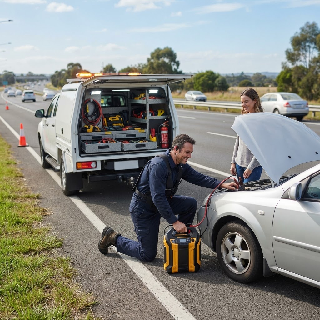Professional roadside assistance scene with a clean service van and operator beside a plain hatchback on a sunny highway shoulder.