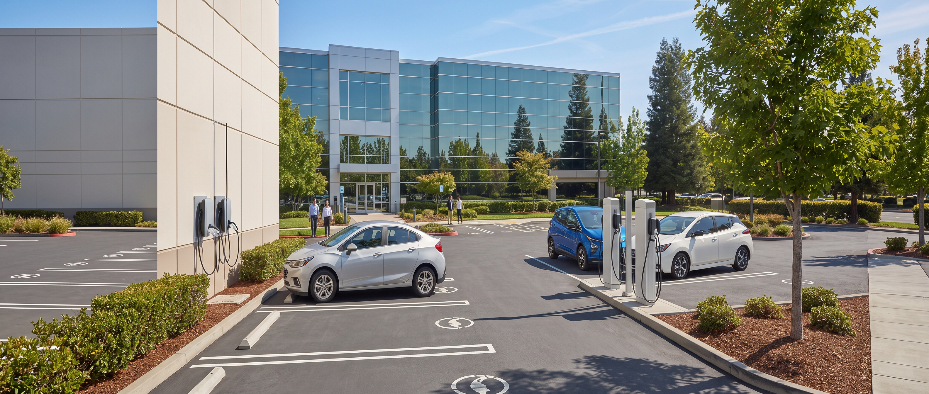 Wide daylight view of a business parking facility with wall-mounted Level 2 charging units and freestanding pedestals in marked stalls, plain electric cars charging by a glass office building.