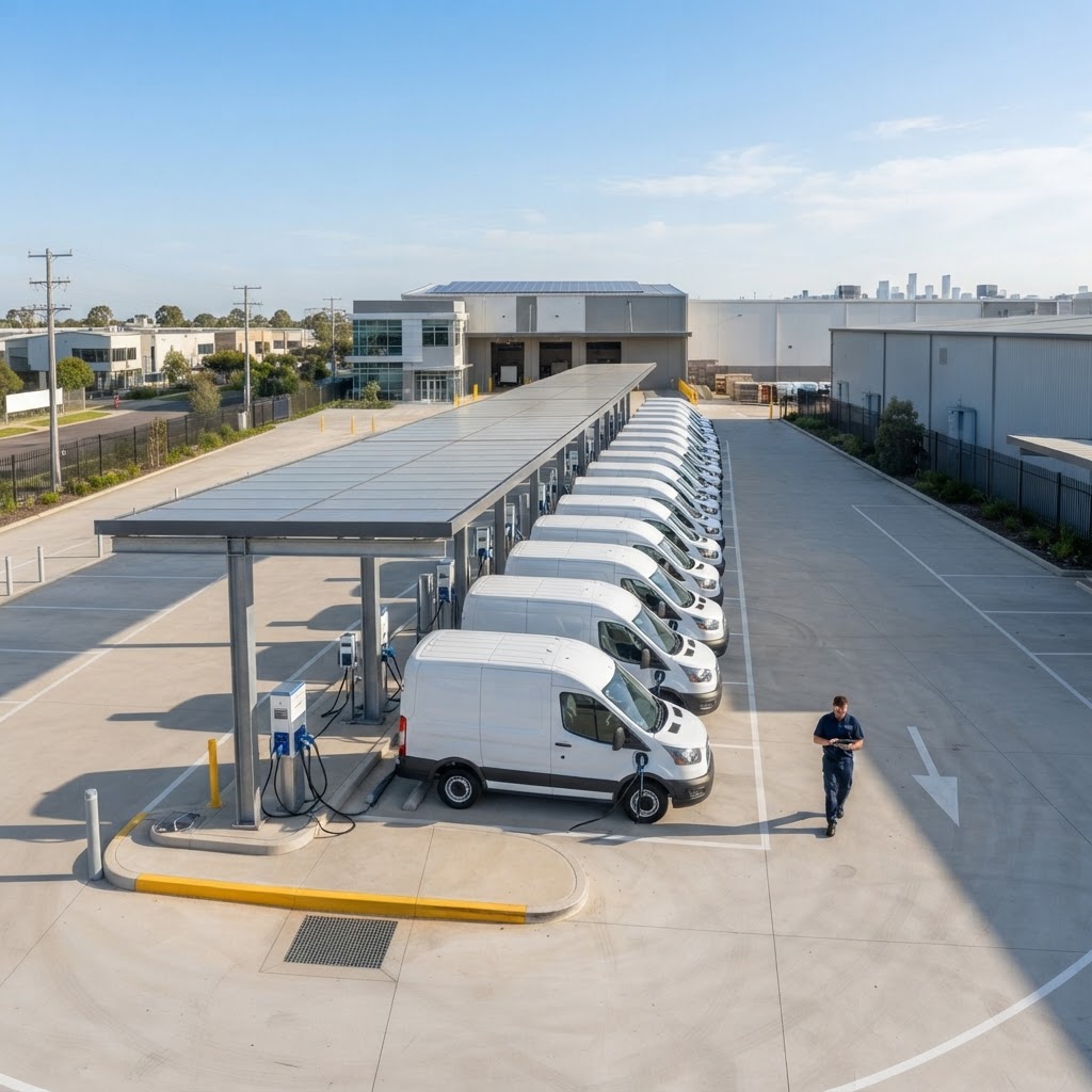 Fleet depot charging line with plain white electric cargo vans plugged into unbranded charging stations under a bright canopy, a technician walking with a tablet, bright daylight.