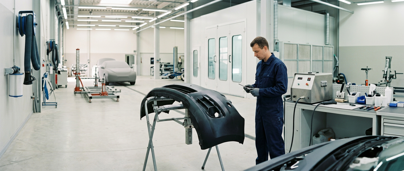 Professional plastic repair station with a nitrogen plastic welder and organized repair tooling on a clean workbench in a bright body shop.
