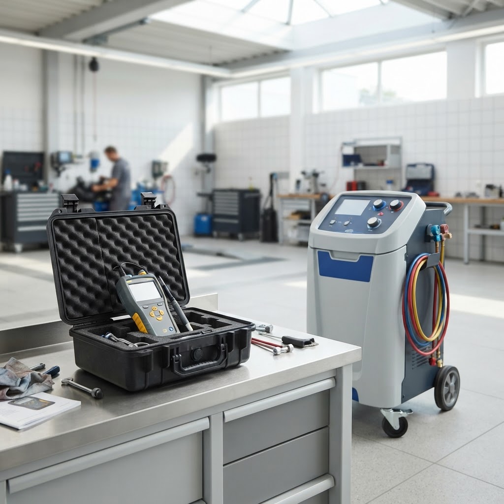 Compact professional refrigerant identifier analyzer instrument on a clean workshop bench beside a modern A/C service machine, both at rest in a bright service bay.
