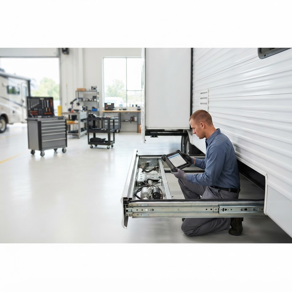 Technician inspecting a travel-trailer slide-out mechanism with professional diagnostic equipment in a bright service bay.