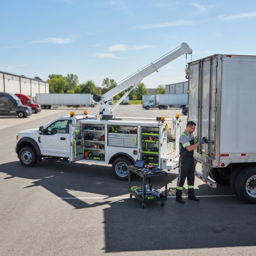 Mobile trailer service truck with crane beside a semi-trailer in a bright, sunny freight yard.