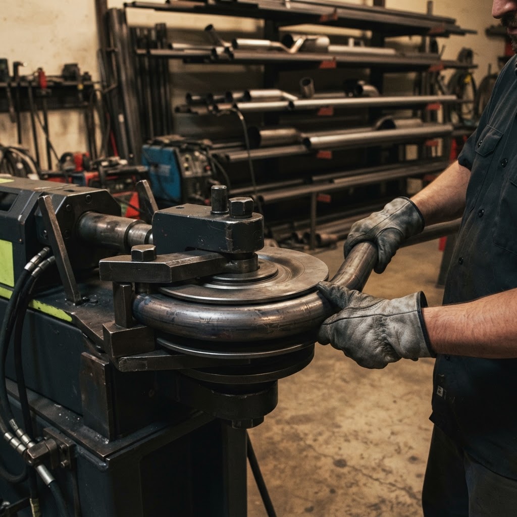 Professional hydraulic exhaust pipe bender in an automotive exhaust shop, a steel tube bent around the machine's forming die, organized racks of straight exhaust tubing behind.