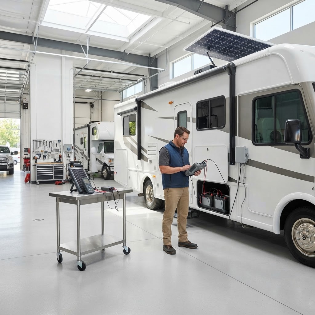 Technician testing an RV battery bank and roof-mounted solar system with professional diagnostic equipment in a bright service bay.