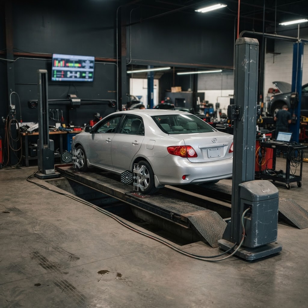 Used 3D wheel alignment system in a professional alignment bay Used 3D wheel alignment system with camera towers and targets mounted on a sedan's wheels.