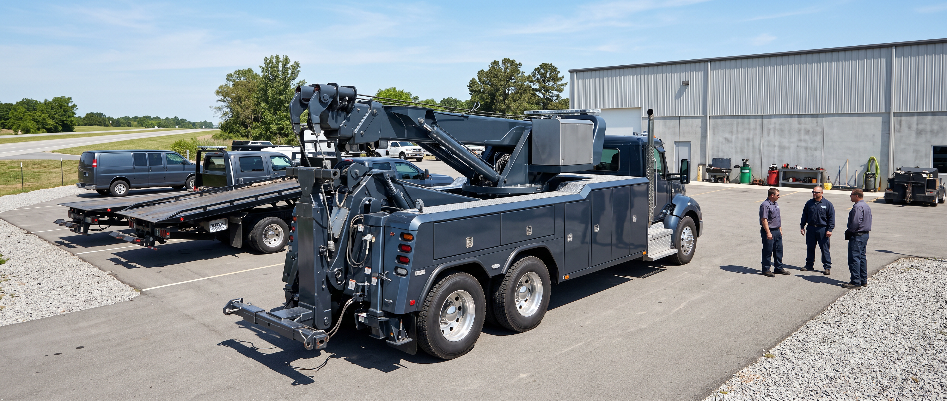 Large heavy-duty rotator recovery unit with its boom folded into the cradle on top of the body, parked in a bright open equipment yard.