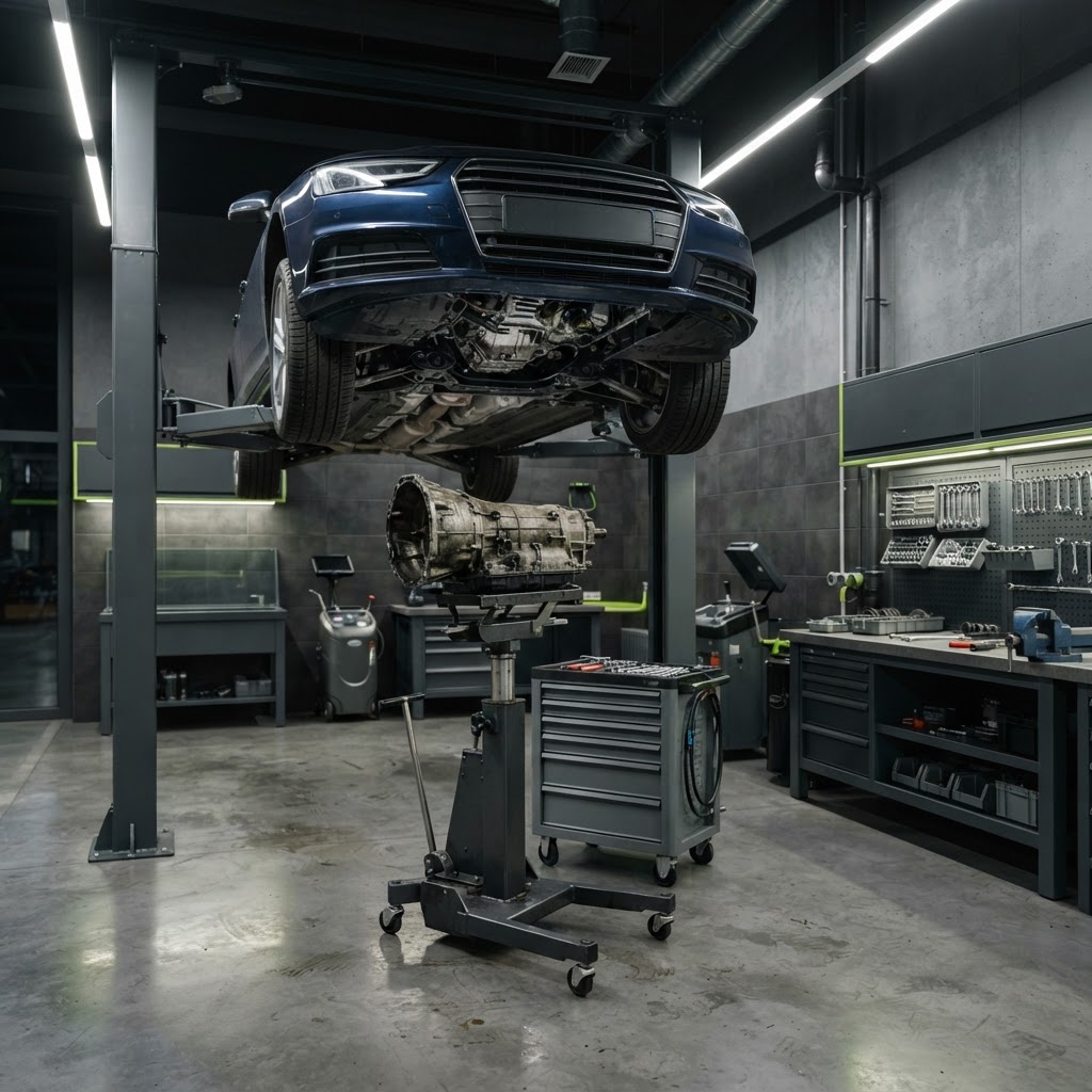 Transmission repair shop with a vehicle on a lift and transmission service equipment.
