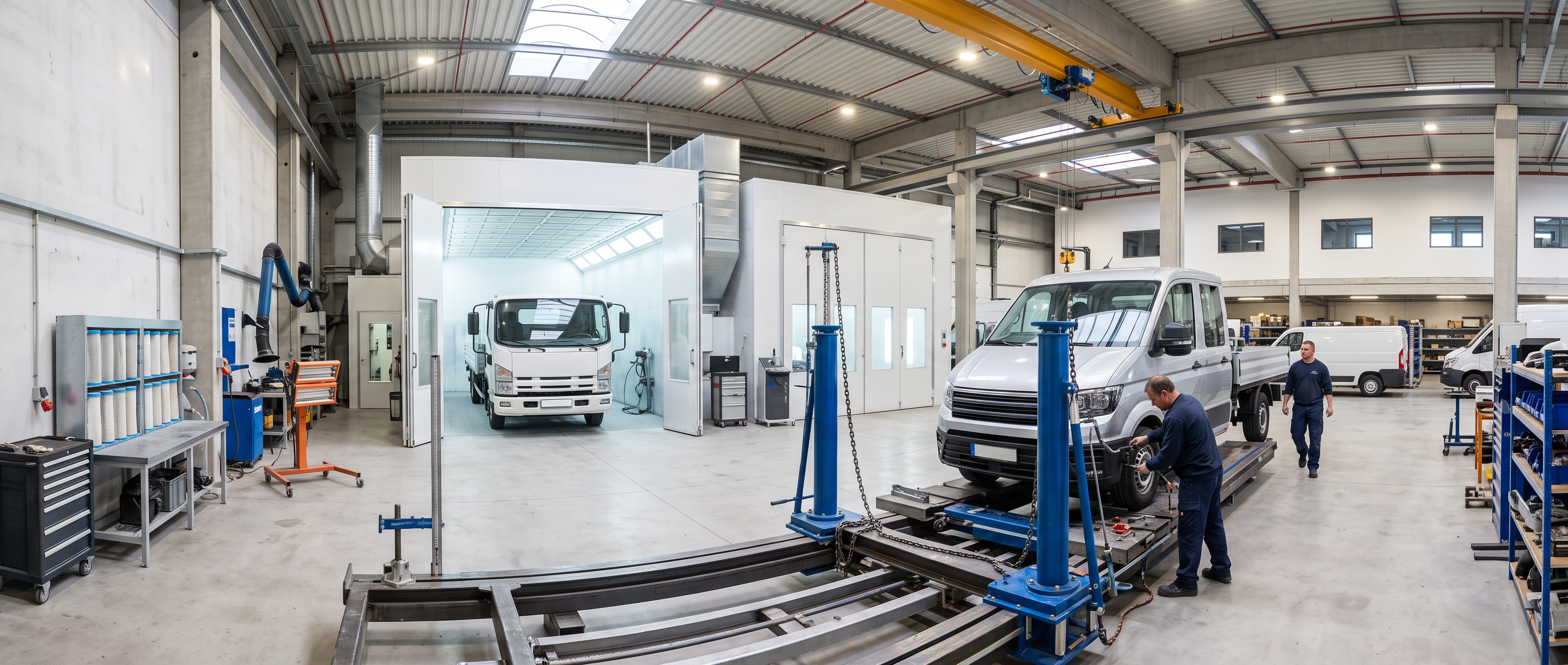 Large bright commercial vehicle body shop with a truck paint booth and a heavy structural bench in a spacious clean facility.