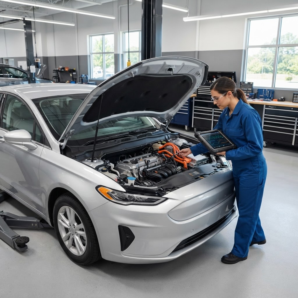 Technician servicing the engine bay of a plain hybrid sedan with a professional diagnostic tablet in a bright service bay.