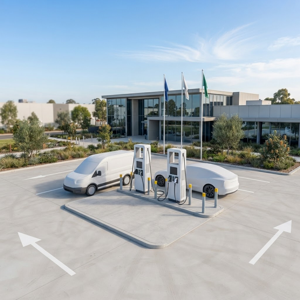 Civic facility parking area with two unbranded dual-port charging stations on a bollard-protected concrete island, a plain white electric fleet van and a plain white electric sedan charging near a glass civic building with flag poles.