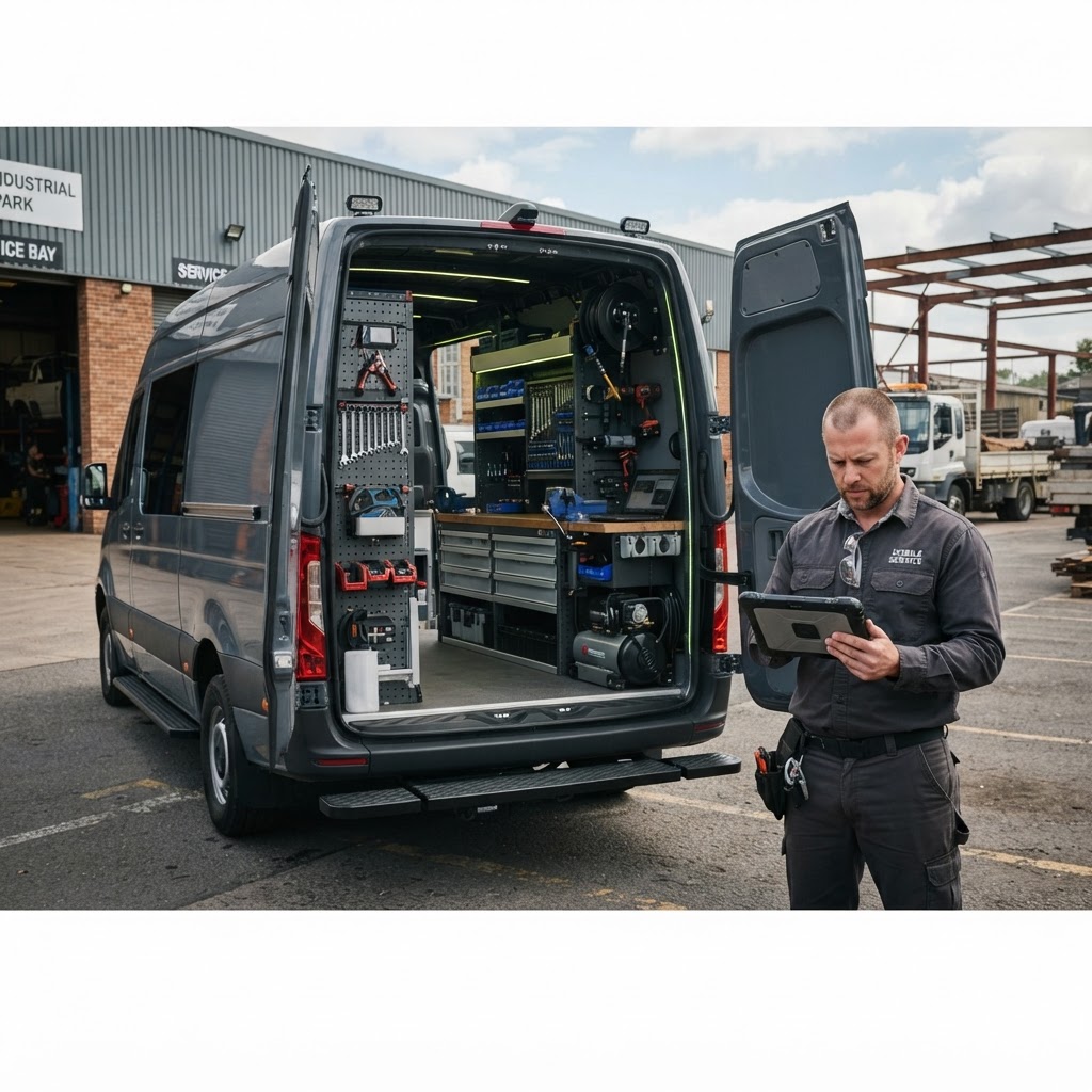 Technician with a diagnostic tablet beside a commercial service van with an organized interior upfit of tool racking and secured drawer systems.