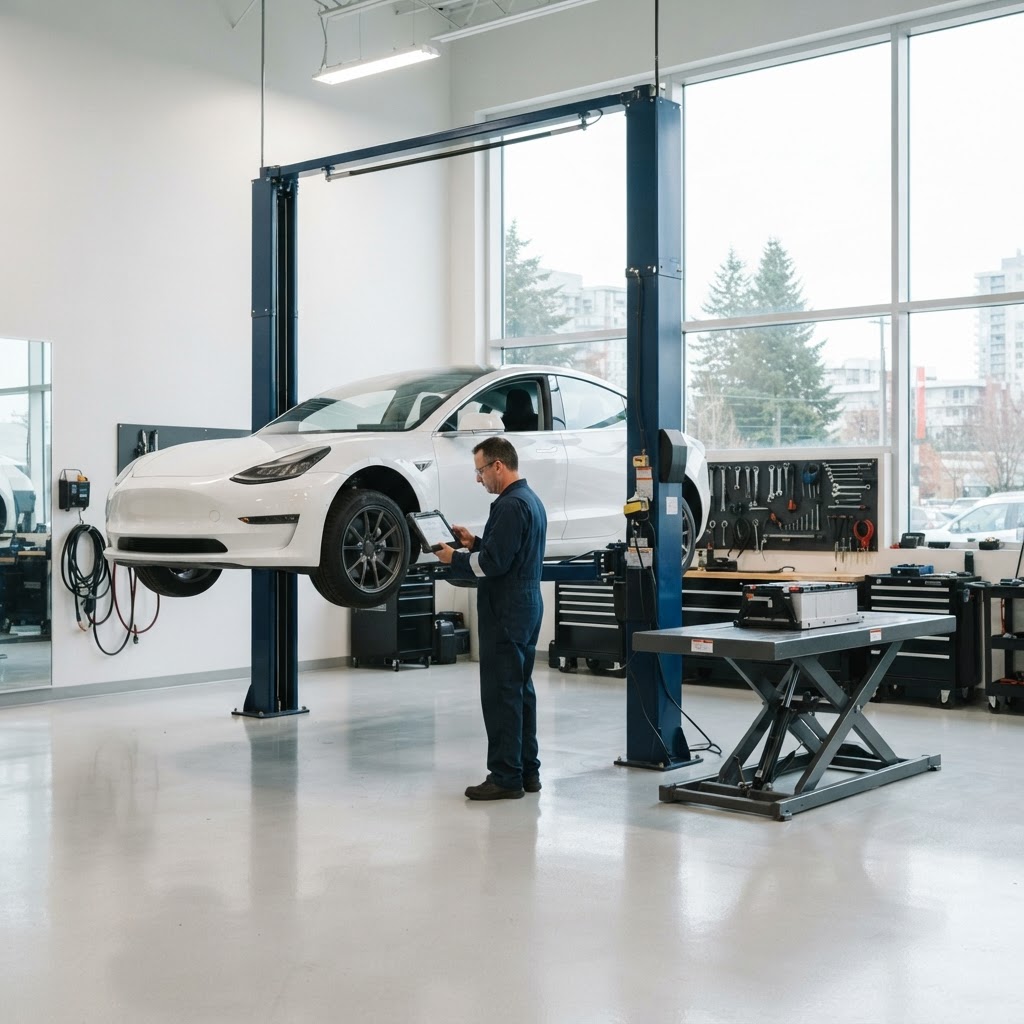 Bright modern EV service bay with a plain white electric car on a lift and a technician using a diagnostic tablet.