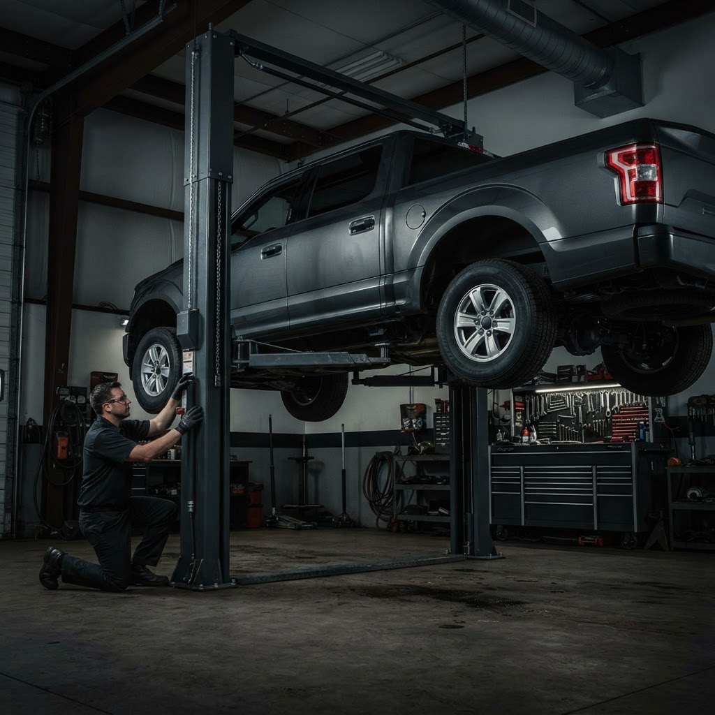 Professional two-post vehicle lift raising a full-size pickup truck in a commercial service bay, lift arms correctly positioned under the vehicle frame.