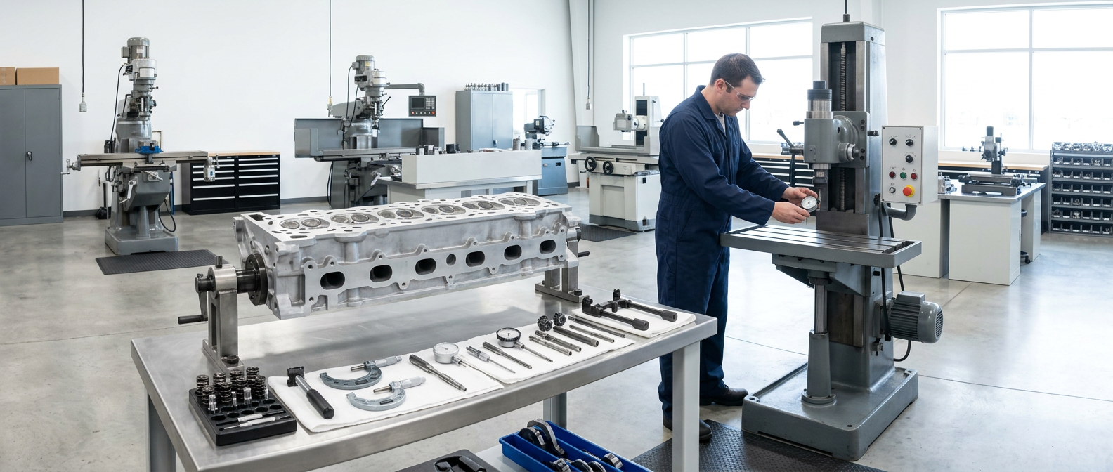 Cylinder-head valve service area in a bright machine shop with a technician inspecting a cylinder head at a single-column machining machine.