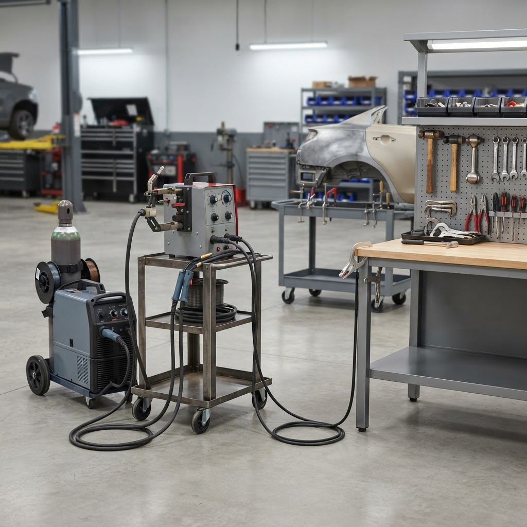 Professional body shop welding station with a resistance spot welder and MIG welder on wheeled carts.