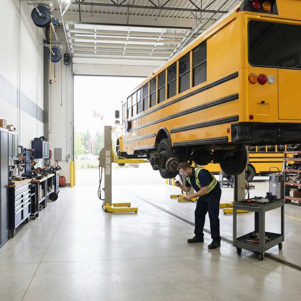 Bright modern school bus maintenance bay with a yellow school bus and professional service equipment.